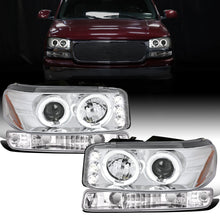 Ronnin - Compatible con GMC Yukon XL Sierra Classic 1999-2007, faros delanteros con proyector de LED mejorados con doble aro halo y luces diurnas + conjunto de luces de parachoques estilo B | Cromo