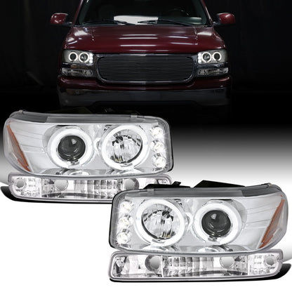 Ronnin - Compatible con GMC Yukon XL Sierra Classic 1999-2007, faros delanteros con proyector de LED mejorados con doble aro halo y luces diurnas + conjunto de luces de parachoques estilo B | Cromo