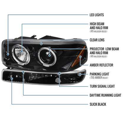 Ronnin - Se adapta a GMC Yukon XL Sierra Classic de 1999-2007, faros delanteros con proyector LED de doble halo y luces de circulación diurna mejorados + montaje de lámparas de parachoques estilo | Negro brillante
