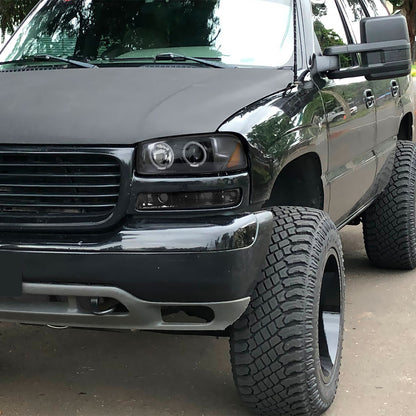 Ronnin - Se adapta a GMC Yukon XL Sierra Classic de 1999-2007, faros delanteros con proyector LED de doble halo y luces de circulación diurna mejorados + montaje de lámparas de parachoques estilo | Negro brillante