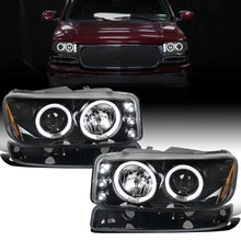 1999-2007 GMC Yukon XL Sierra Classic Upgraded Replacement LED Dual Halo Rims Running Lights Projector Headlights +  Style Bumper Lamps Assembly Pair | Glossy Black