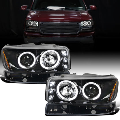 Ronnin - Se adapta a GMC Yukon XL Sierra Classic de 1999-2007, faros delanteros con proyector LED de doble halo y luces de circulación diurna mejorados + montaje de lámparas de parachoques estilo | Negro brillante