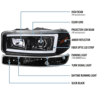 Ronnin - Fits 1999-2007 GMC Yukon XL Sierra Classic Upgraded Replacement LED Tube Running Lights Projector Headlights + Factory Style Bumper Lamps Assembly Pair | Glossy Black