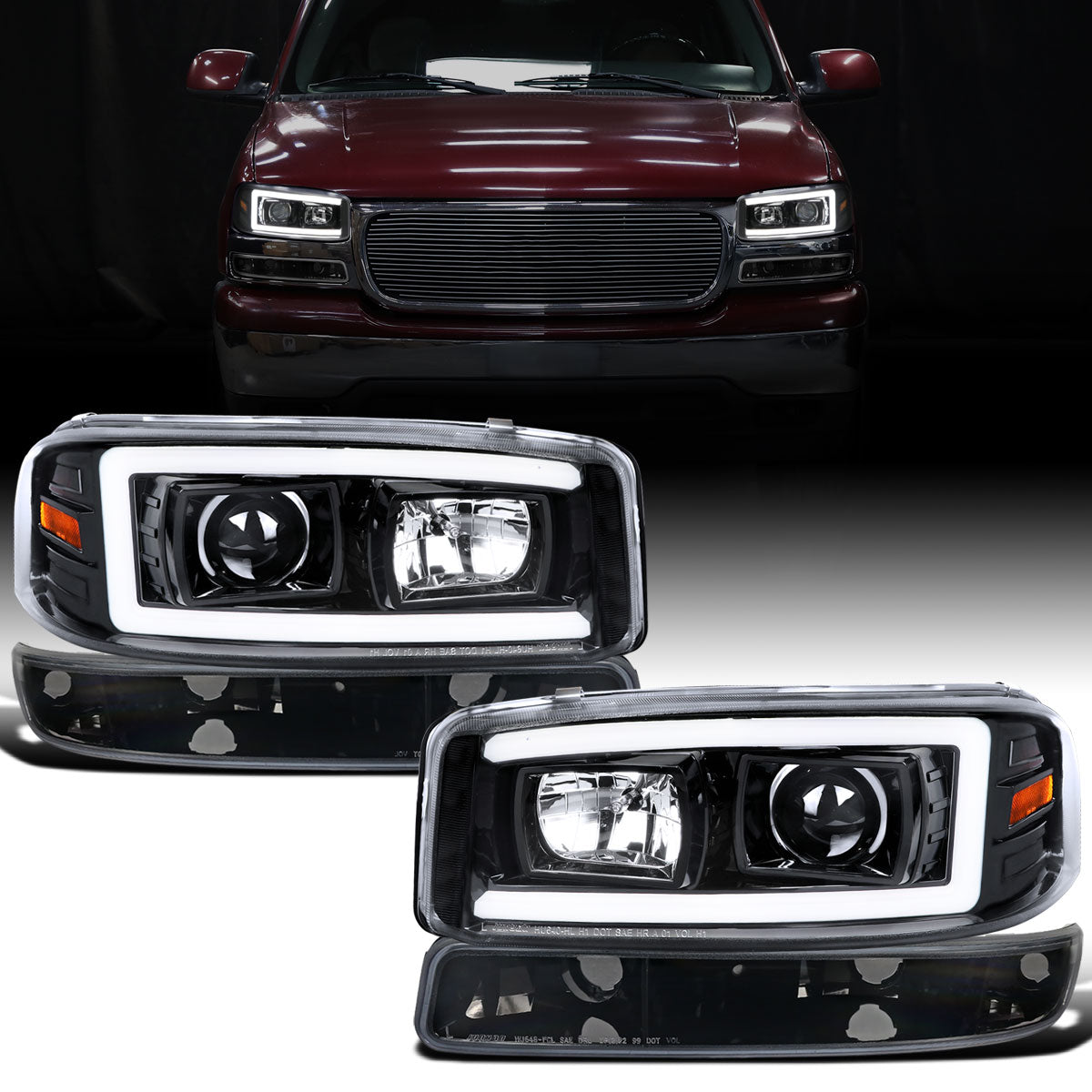 Ronnin - Fits 1999-2007 GMC Yukon XL Sierra Classic Upgraded Replacement LED Tube Running Lights Projector Headlights + Factory Style Bumper Lamps Assembly Pair | Glossy Black
