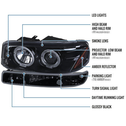 Ronnin - Compatible con GMC Yukon XL Sierra Classic de 1999-2007, faros delanteros con proyector LED de doble aro mejorados, luces de circulación diurna y montaje de luces de parachoques estilo fábrica (par) | Negro ahumado