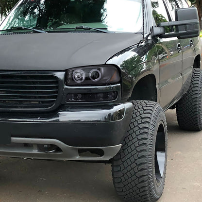 Ronnin - Compatible con GMC Yukon XL Sierra Classic de 1999-2007, faros delanteros con proyector LED de doble aro mejorados, luces de circulación diurna y montaje de luces de parachoques estilo fábrica (par) | Negro ahumado