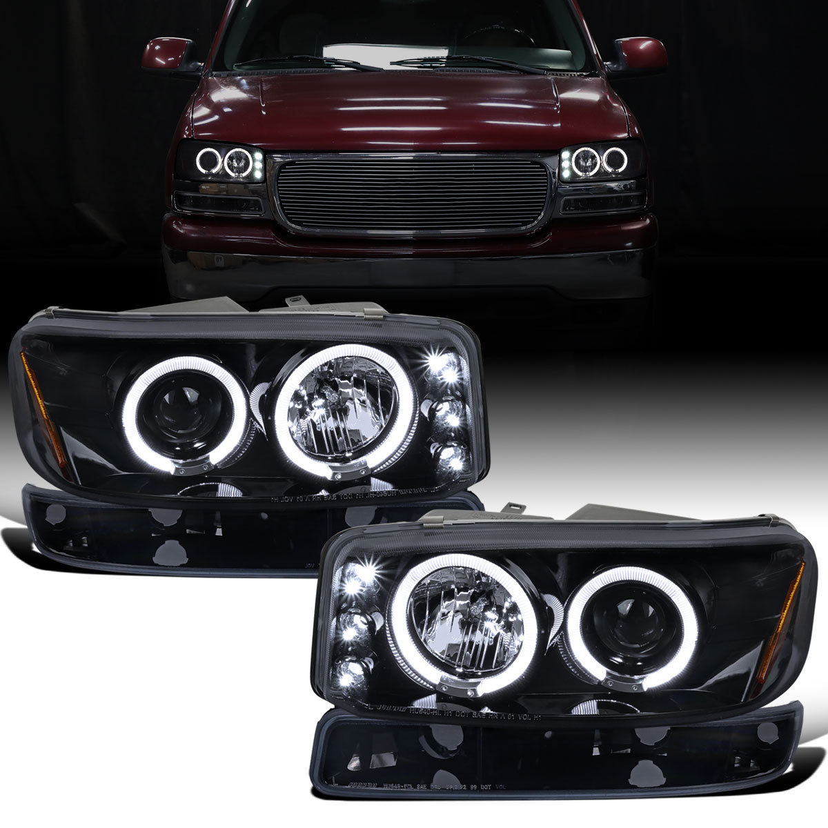 Ronnin - Compatible con GMC Yukon XL Sierra Classic de 1999-2007, faros delanteros con proyector LED de doble aro mejorados, luces de circulación diurna y montaje de luces de parachoques estilo fábrica (par) | Negro ahumado