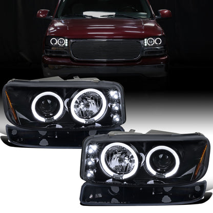 Ronnin - Compatible con GMC Yukon XL Sierra Classic de 1999-2007, faros delanteros con proyector LED de doble aro mejorados, luces de circulación diurna y montaje de luces de parachoques estilo fábrica (par) | Negro ahumado