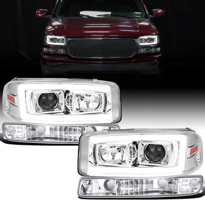 Ronnin - Fits 1999-2007 GMC Yukon XL Sierra Classic Upgraded Replacement LED Tube Running Lights Projector Headlights + Factory Style Bumper Lamps Assembly Pair | Chrome