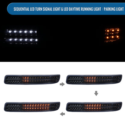 Ronnin - Fits 1999-2007 GMC Yukon XL Sierra Classic Upgraded Replacement LED Dual Halo Rims Running Lights Projector Headlights + Full LED Bumper Sequential Turn Signal Lamps Assembly Pair | Black Smoke