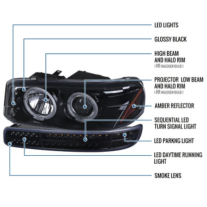 Ronnin - Fits 1999-2007 GMC Yukon XL Sierra Classic Upgraded Replacement LED Dual Halo Rims Running Lights Projector Headlights + Full LED Bumper Sequential Turn Signal Lamps Assembly Pair | Black Smoke