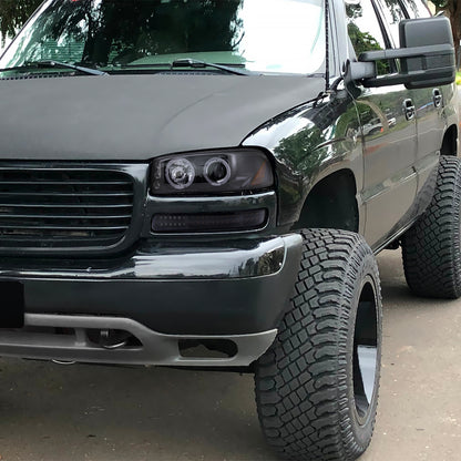 Ronnin - Fits 1999-2007 GMC Yukon XL Sierra Classic Upgraded Replacement LED Dual Halo Rims Running Lights Projector Headlights + Full LED Bumper Sequential Turn Signal Lamps Assembly Pair | Black Smoke