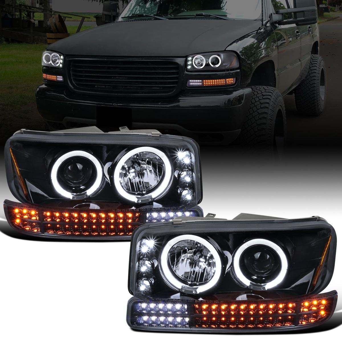 Ronnin - Fits 1999-2007 GMC Yukon XL Sierra Classic Upgraded Replacement LED Dual Halo Rims Running Lights Projector Headlights + Full LED Bumper Sequential Turn Signal Lamps Assembly Pair | Black Smoke