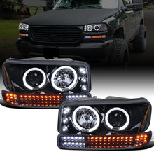Ronnin - Fits 1999-2007 GMC Yukon XL Sierra Classic Upgraded Replacement LED Dual Halo Rims Running Lights Projector Headlights + Full LED Bumper Sequential Turn Signal Lamps Assembly Pair | Black Smoke