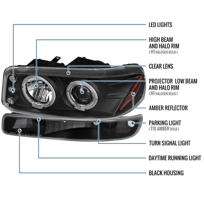 Ronnin - Compatible con GMC Yukon XL Sierra Classic de 1999-2007, faros delanteros con proyector y halo LED dual mejorados de repuesto + conjunto de luces de parachoques estilo | Negro