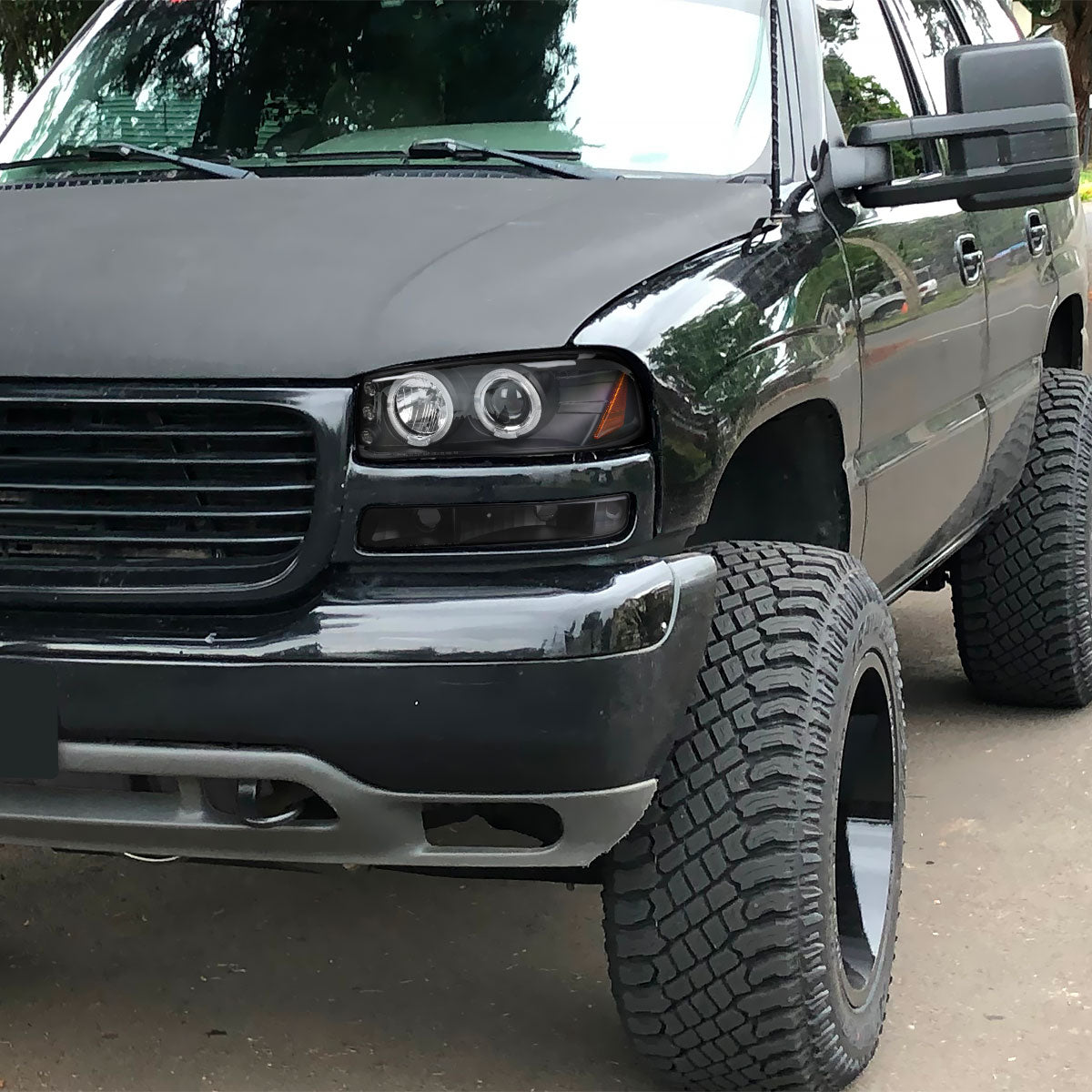 Ronnin - Compatible con GMC Yukon XL Sierra Classic de 1999-2007, faros delanteros con proyector y halo LED dual mejorados de repuesto + conjunto de luces de parachoques estilo | Negro