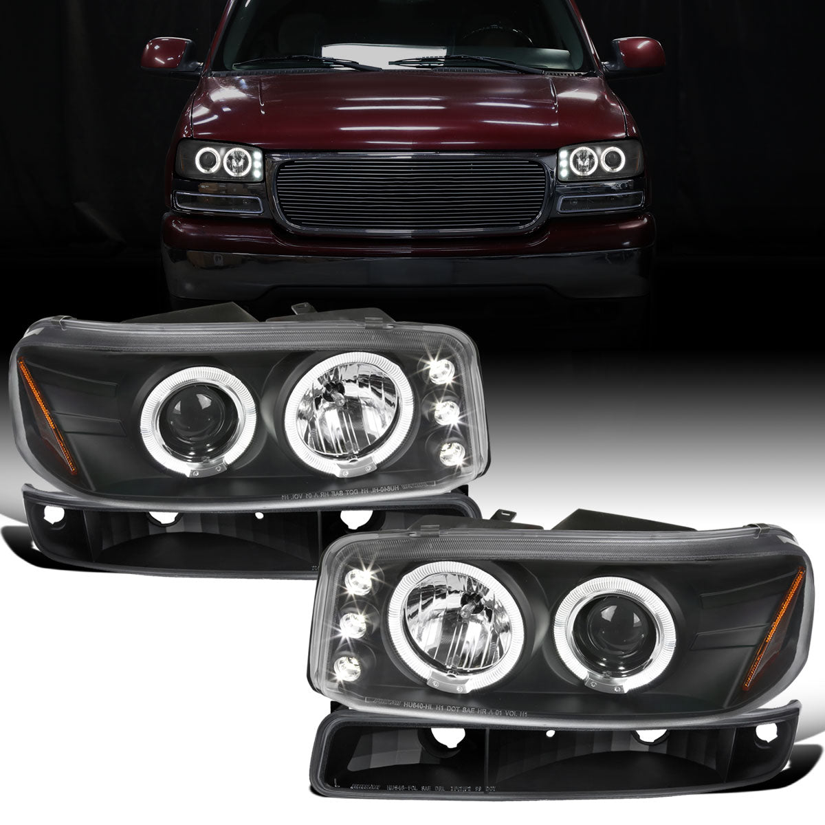 Ronnin - Compatible con GMC Yukon XL Sierra Classic de 1999-2007, faros delanteros con proyector y halo LED dual mejorados de repuesto + conjunto de luces de parachoques estilo | Negro