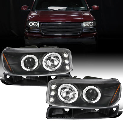 Ronnin - Compatible con GMC Yukon XL Sierra Classic de 1999-2007, faros delanteros con proyector y halo LED dual mejorados de repuesto + conjunto de luces de parachoques estilo | Negro