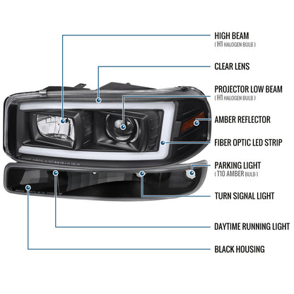 Ronnin - Fits 1999-2007 GMC Yukon XL Sierra Classic Upgraded Replacement LED Tube Running Lights Projector Headlights + Factory Style Bumper Lamps Assembly Pair | Black