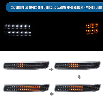 Ronnin - Fits 1999-2007 GMC Yukon XL Sierra Classic Upgraded Replacement LED Dual Halo Rims Running Lights Projector Headlights + Full LED Bumper Sequential Turn Signal Lamps Assembly Pair | Black