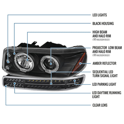 Ronnin - Fits 1999-2007 GMC Yukon XL Sierra Classic Upgraded Replacement LED Dual Halo Rims Running Lights Projector Headlights + Full LED Bumper Sequential Turn Signal Lamps Assembly Pair | Black