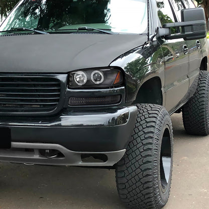 Ronnin - Fits 1999-2007 GMC Yukon XL Sierra Classic Upgraded Replacement LED Dual Halo Rims Running Lights Projector Headlights + Full LED Bumper Sequential Turn Signal Lamps Assembly Pair | Black