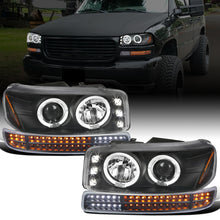 Ronnin - Fits 1999-2007 GMC Yukon XL Sierra Classic Upgraded Replacement LED Dual Halo Rims Running Lights Projector Headlights + Full LED Bumper Sequential Turn Signal Lamps Assembly Pair | Black