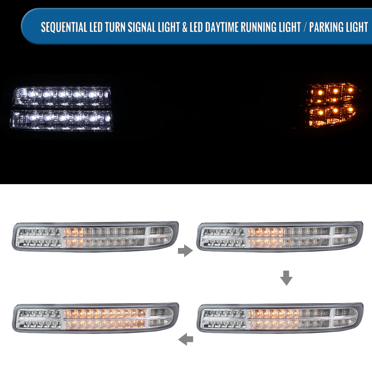 Ronnin - Fits 1999-2007 GMC Yukon XL Sierra Classic Upgraded Replacement LED Dual Halo Rims Running Lights Projector Headlights + Full LED Bumper Sequential Turn Signal Lamps Assembly Pair | Chrome