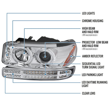 Ronnin - Fits 1999-2007 GMC Yukon XL Sierra Classic Upgraded Replacement LED Dual Halo Rims Running Lights Projector Headlights + Full LED Bumper Sequential Turn Signal Lamps Assembly Pair | Chrome