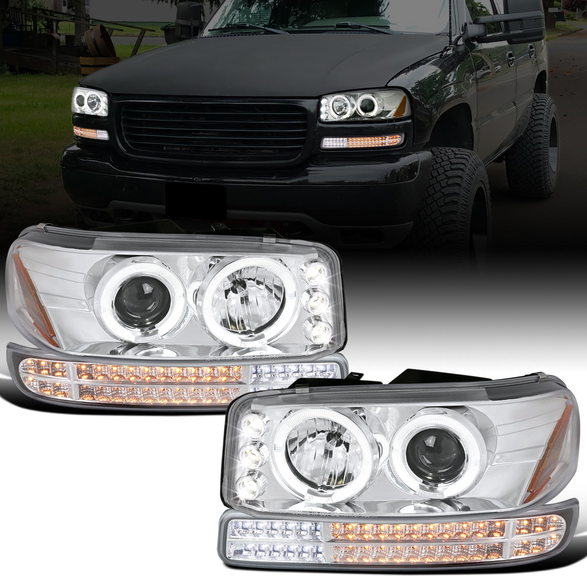Ronnin - Fits 1999-2007 GMC Yukon XL Sierra Classic Upgraded Replacement LED Dual Halo Rims Running Lights Projector Headlights + Full LED Bumper Sequential Turn Signal Lamps Assembly Pair | Chrome
