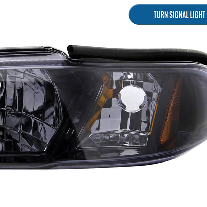 Ronnin - Fits 1994-1998 Ford Mustang All-in-One Replacement Headlights + Corner Lights Assembly Pair | Black Smoke