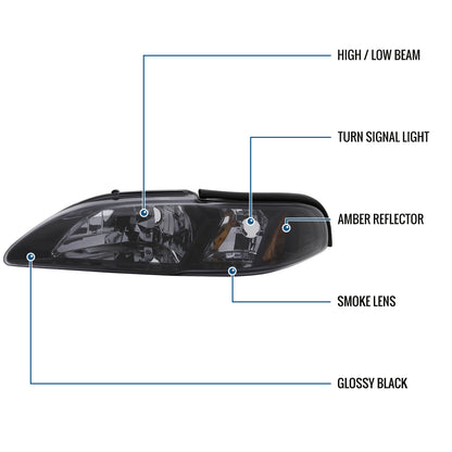 Ronnin - Fits 1994-1998 Ford Mustang All-in-One Replacement Headlights + Corner Lights Assembly Pair | Black Smoke