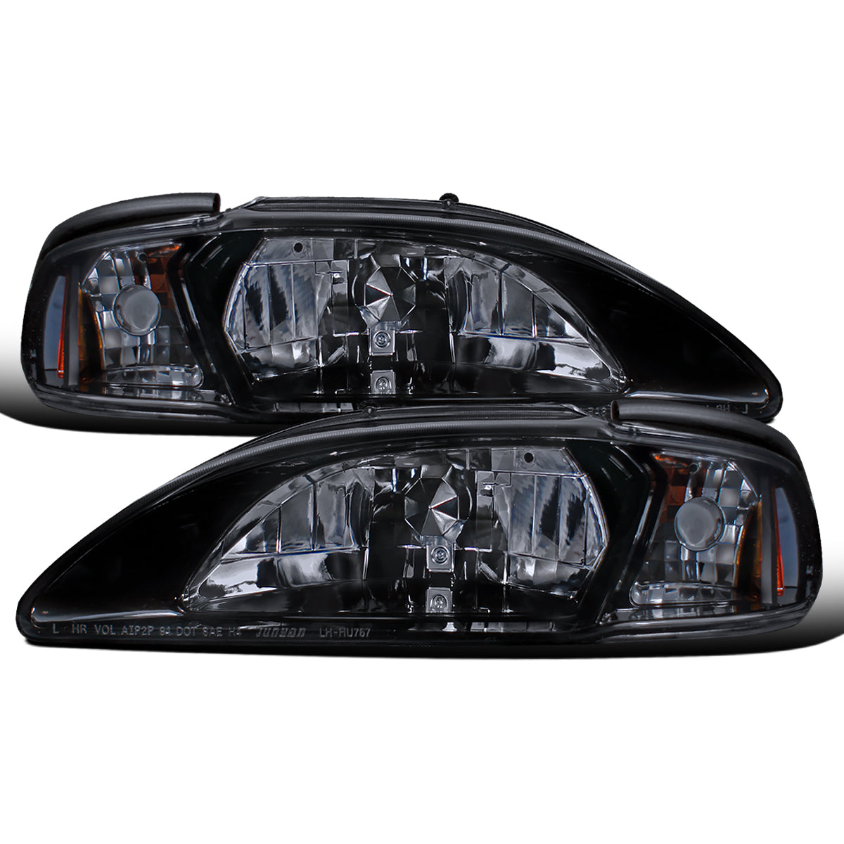 Ronnin - Fits 1994-1998 Ford Mustang All-in-One Replacement Headlights + Corner Lights Assembly Pair | Black Smoke