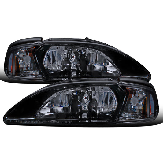 Ronnin - Fits 1994-1998 Ford Mustang All-in-One Replacement Headlights + Corner Lights Assembly Pair | Black Smoke