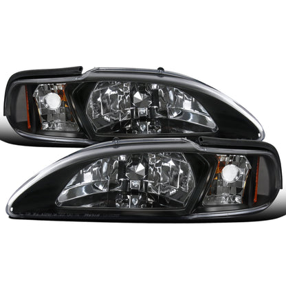 Ronnin - Fits 1994-1998 Ford Mustang All-in-One Replacement Headlights + Corner Lights Assembly Pair | Black