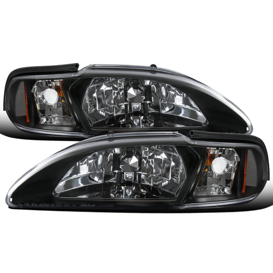 Ronnin - Fits 1994-1998 Ford Mustang All-in-One Replacement Headlights + Corner Lights Assembly Pair | Black