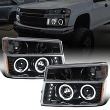 Ronnin - Fits 2004-2012 Chevy Colorado GMC Canyon Upgraded Replacement LED Dual Halo Rims Running Lights Projector Headlights + Factory Style Corner Lamps Pair | Glossy Black