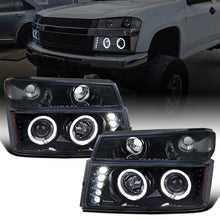 Ronnin - Fits 2004-2012 Chevy Colorado GMC Canyon Upgraded Replacement LED Dual Halo Rims Running Lights Projector Headlights + Factory Style Corner Lamps Pair | Black Smoke