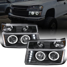 Ronnin - Fits 2004-2012 Chevy Colorado GMC Canyon Upgraded Replacement LED Dual Halo Rims Running Lights Projector Headlights + Factory Style Corner Lamps Pair | Black