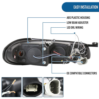 Ronnin - Fits 1997-2003 Pontiac Grand Prix All-in-One Replacement LED Dual Rims Projector Headlights + Corner Lights Assembly Pair | Chrome