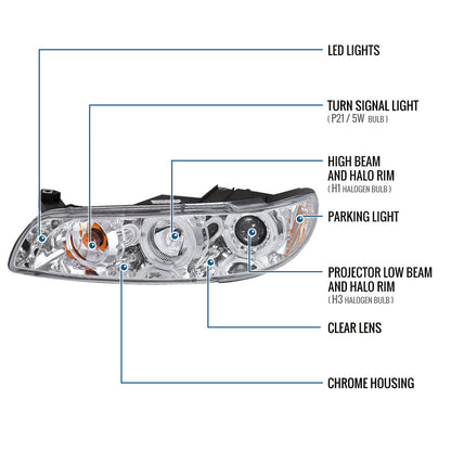 Ronnin - Fits 1997-2003 Pontiac Grand Prix All-in-One Replacement LED Dual Rims Projector Headlights + Corner Lights Assembly Pair | Chrome