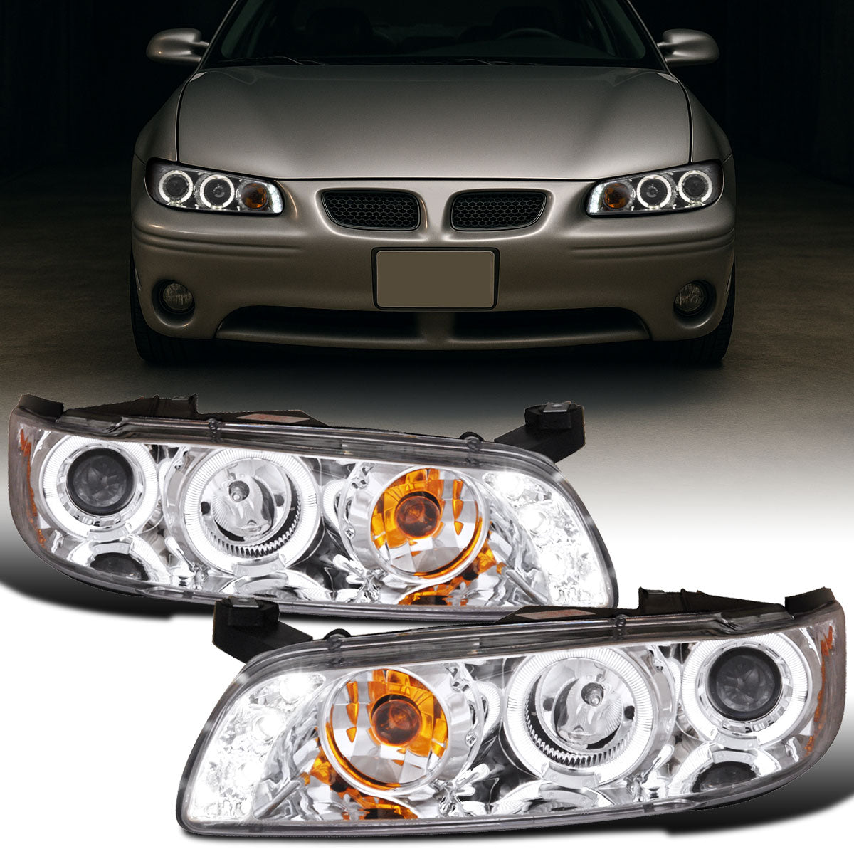 Ronnin - Fits 1997-2003 Pontiac Grand Prix All-in-One Replacement LED Dual Rims Projector Headlights + Corner Lights Assembly Pair | Chrome