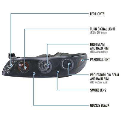 Ronnin - Fits 1997-2003 Pontiac Grand Prix All-in-One Replacement LED Dual Rims Projector Headlights + Corner Lights Assembly Pair | Black Smoke