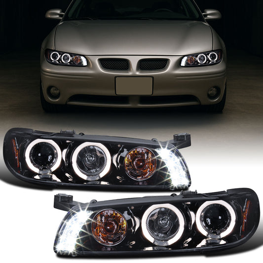 Ronnin - Fits 1997-2003 Pontiac Grand Prix All-in-One Replacement LED Dual Rims Projector Headlights + Corner Lights Assembly Pair | Black Smoke