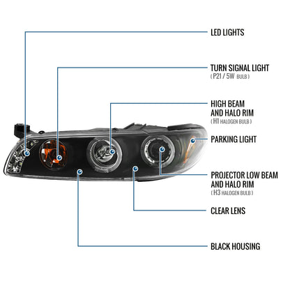 Ronnin - Fits 1997-2003 Pontiac Grand Prix All-in-One Replacement LED Dual Rims Projector Headlights + Corner Lights Assembly Pair | Black