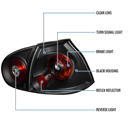 2006-2009 Volkswagen Golf MK5 GTI  Rabbit R32 Euro Style Replacement Tail Lights Assembly Pair | Black