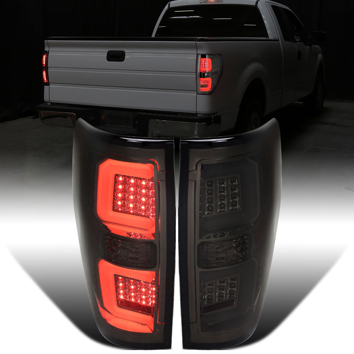 Ronnin - Compatible con Ford F150 2009-2014, Luces traseras LED de repuesto mejoradas con tubo de marcha, freno integrado y direccionales, Par | Ahumado