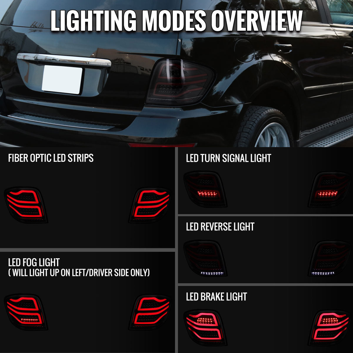 Ronnin - Compatible con Mercedes Benz ML350 ML500 ML320 ML550 de 2006-2011, especificaciones de EE. UU., conjunto de luces traseras LED completas con tubo LED de marcha, versión mejorada | Negro brillante