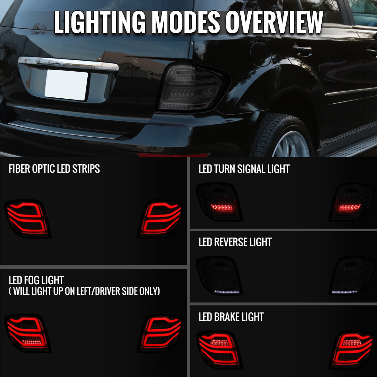 Ronnin - Compatible con Mercedes Benz ML350 ML500 ML320 ML550 de 2006 a 2011, luces de circulación diurna LED de tubo mejoradas, conjunto completo de luces traseras LED | Ahumado