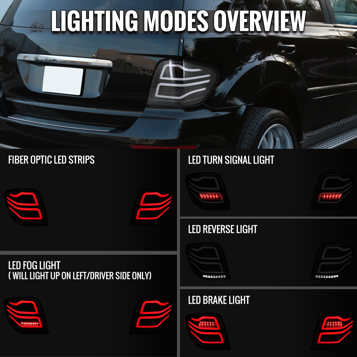 Ronnin - Compatible con Mercedes Benz ML350 ML500 ML320 ML550 de 2006-2011, luces traseras LED completas de repuesto con tubos de luz LED mejorados, ensamblaje | Negro